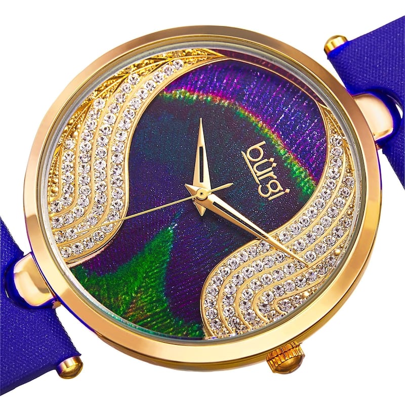 Burgi Women's Crystal Peacock Feather Leather Strap Watch