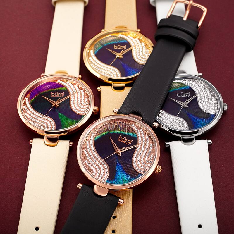 Burgi Women's Crystal Peacock Feather Leather Strap Watch