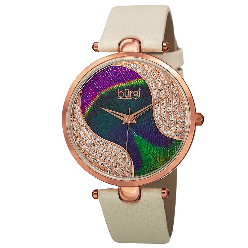 Burgi Women's Crystal Peacock Feather Leather Strap Watch