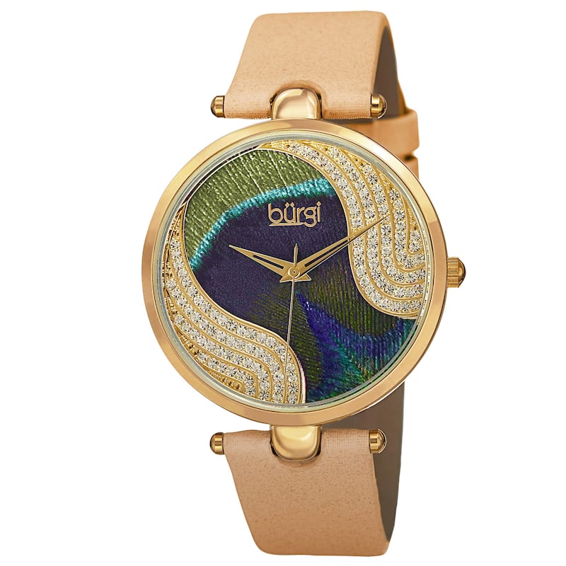 Burgi Women's Crystal Peacock Feather Leather Strap Watch - Gold-tone