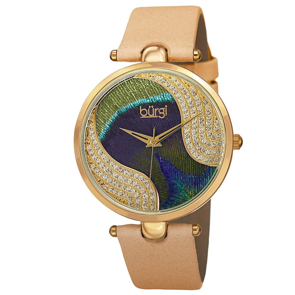 Burgi Women's Crystal Peacock Feather Leather Strap Watch
