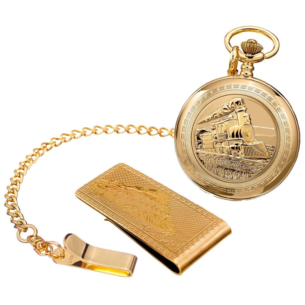 August Steiner Men's Quartz Locomotive Pocket Gold-Tone Watch & Money Clip