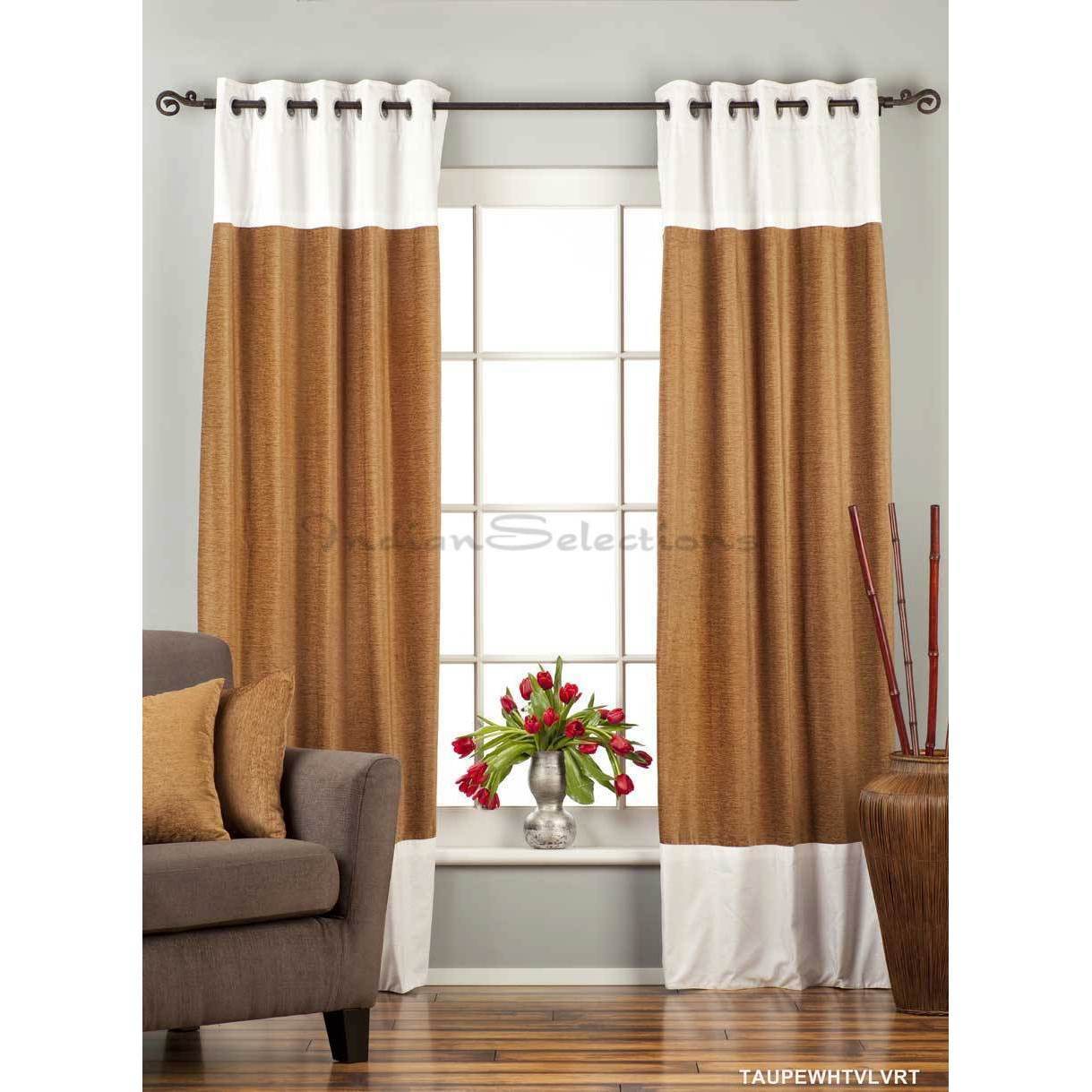 Shop Signature Ring Top Taupe White Designer Velvet Curtain Panel