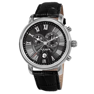 Akribos XXIV Men's Swiss Quartz Chronograph Leather Silver-Tone Bracelet Watch - black