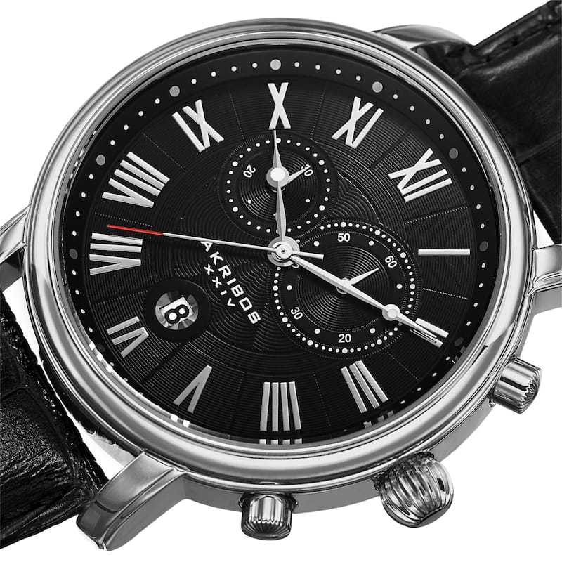 Akribos XXIV Men's Swiss Quartz Chronograph Leather Silver-Tone Bracelet Watch - black