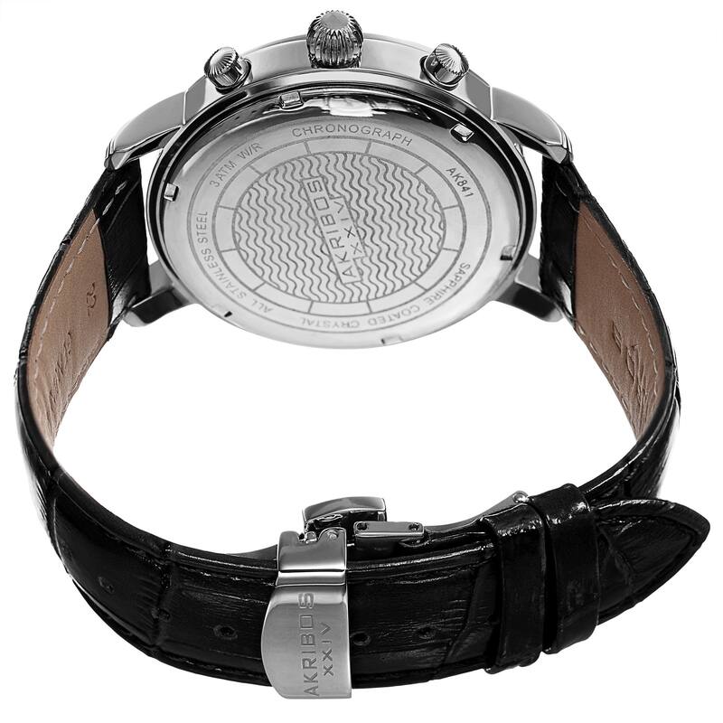 Akribos XXIV Men's Swiss Quartz Chronograph Leather Silver-Tone Bracelet Watch - black