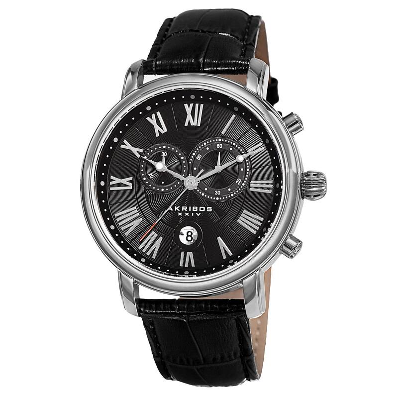 Akribos XXIV Men's Swiss Quartz Chronograph Leather Silver-Tone Bracelet Watch - black