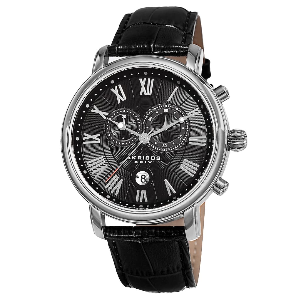 Akribos XXIV Men's Swiss Quartz Chronograph Leather Silver-Tone Bracelet Watch - black