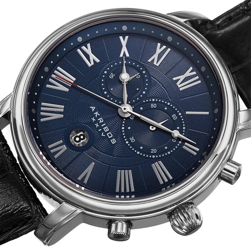 Akribos XXIV Men's Swiss Quartz Chronograph Leather Silver-Tone Bracelet Watch - Blue