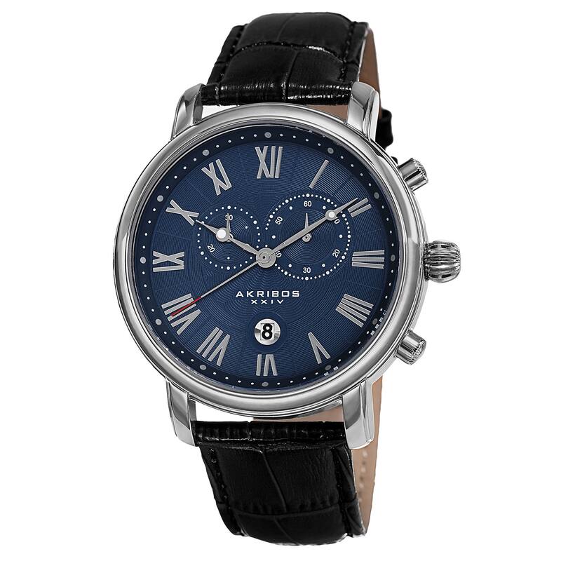 Akribos XXIV Men's Swiss Quartz Chronograph Leather Silver-Tone Bracelet Watch - Blue