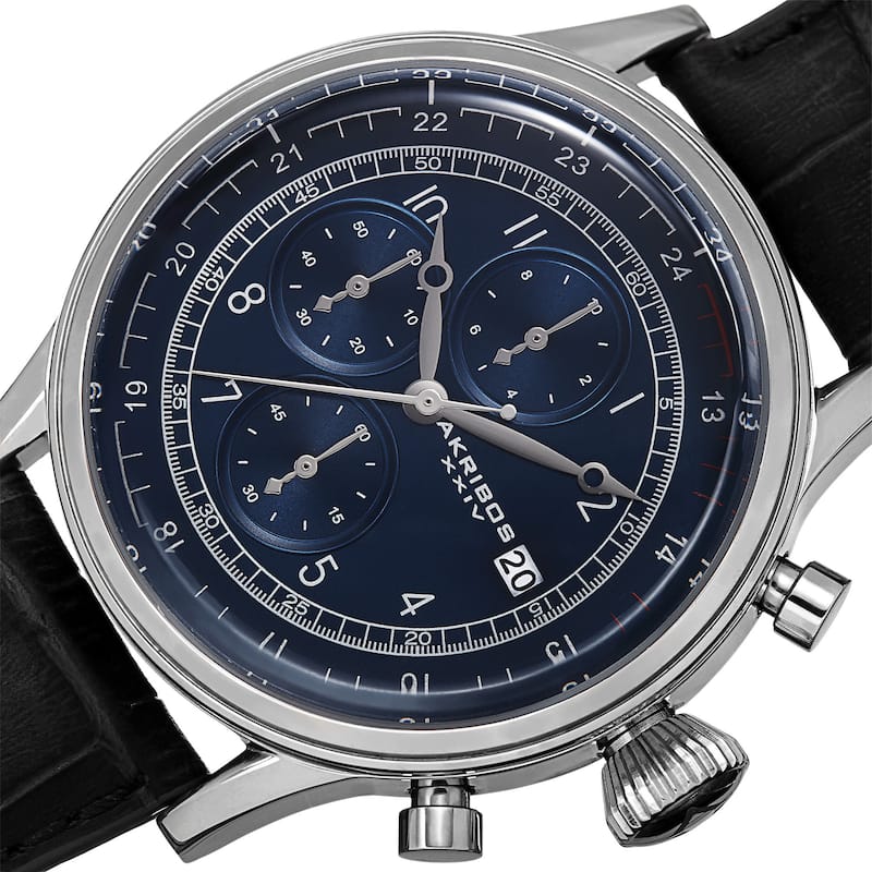 Akribos XXIV Bold Men's Quartz Chronograph Leather Silver-Tone Strap Watch - silver