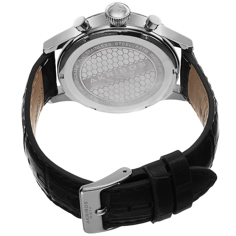 Akribos XXIV Bold Men's Quartz Chronograph Leather Silver-Tone Strap Watch - silver