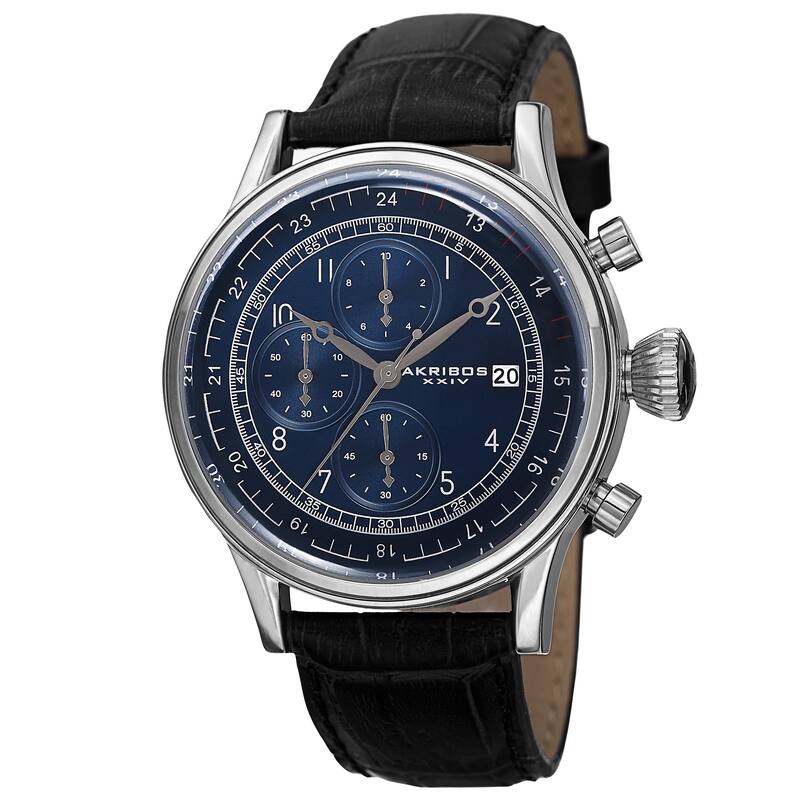 Akribos XXIV Bold Men's Quartz Chronograph Leather Silver-Tone Strap Watch - silver