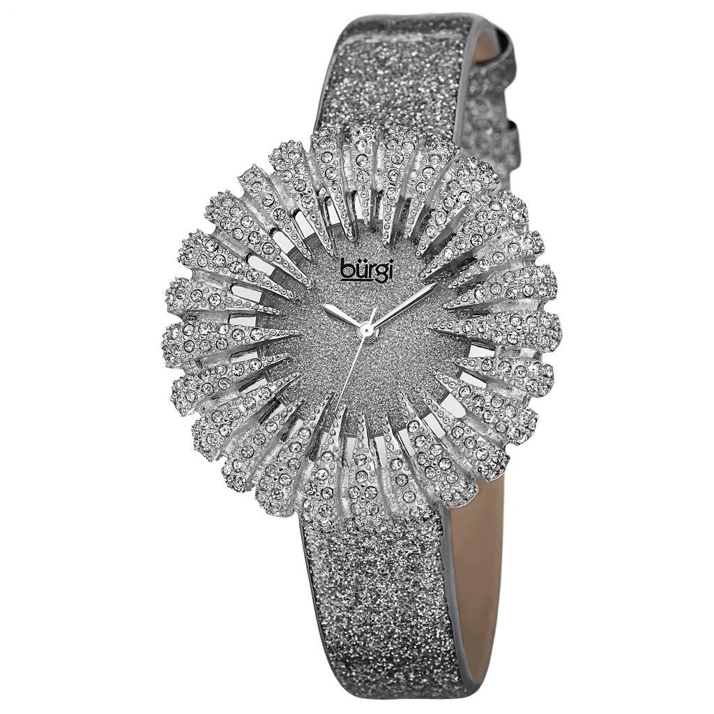 Burgi Women's Holiday-Style Quartz Sparkling Leather Grey Strap Watch