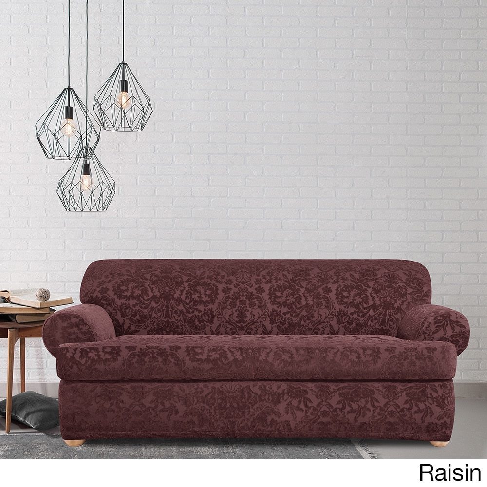 Sure Fit Stretch Jacquard Damask Two Piece T Cushion Sofa Slipcover