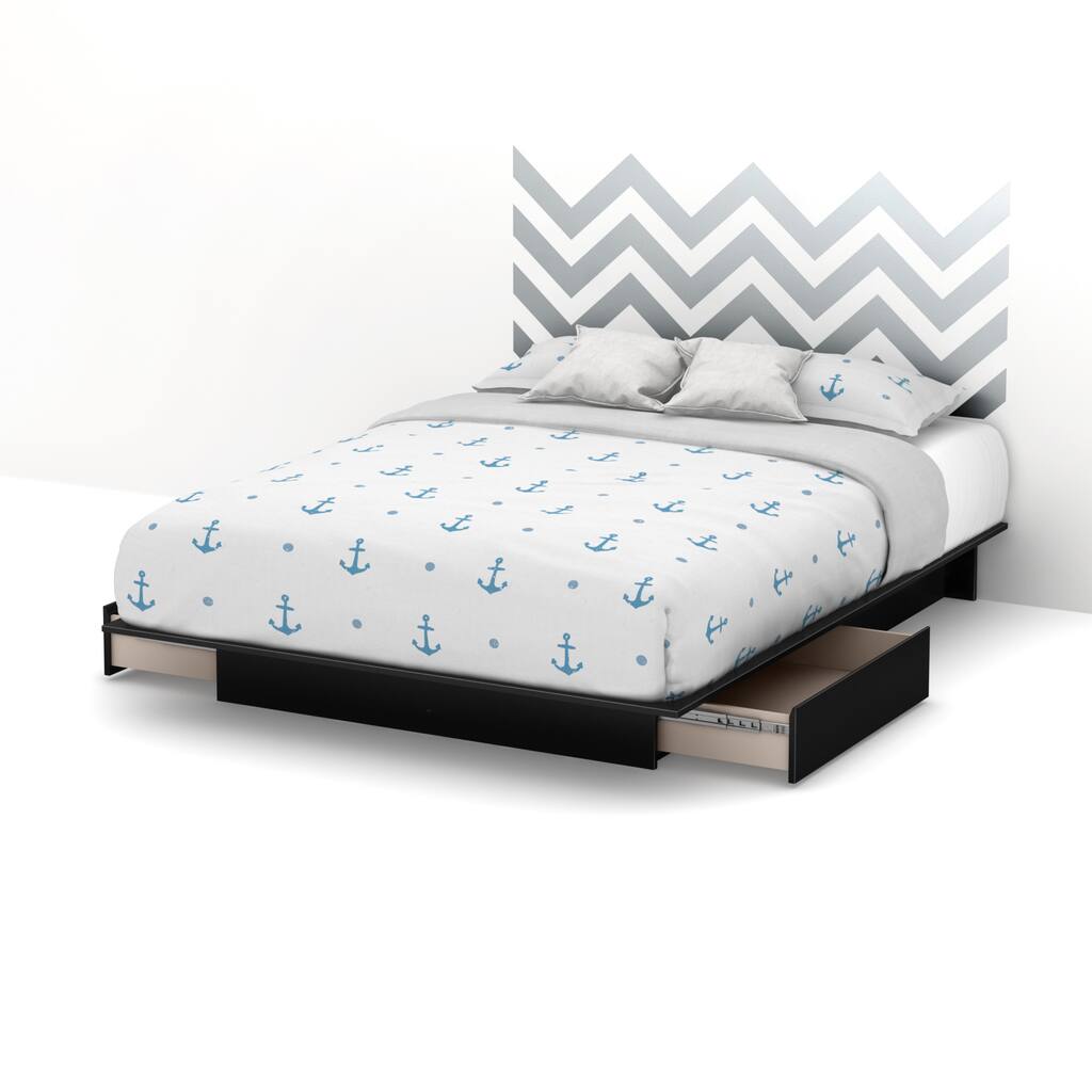 South Shore Step One Queen Storage Platform Bed with Gray Chevron Headboard Ottograff Wall Decal