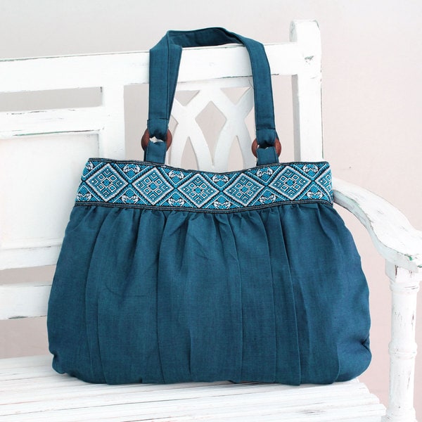 Shop Handmade Cotton 'Assam Teal' Shoulder Bag (India) On Sale Free