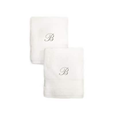 Authentic Hotel and Spa 2-piece White Turkish Cotton Hand Towels with Silver Script Monogrammed Initial
