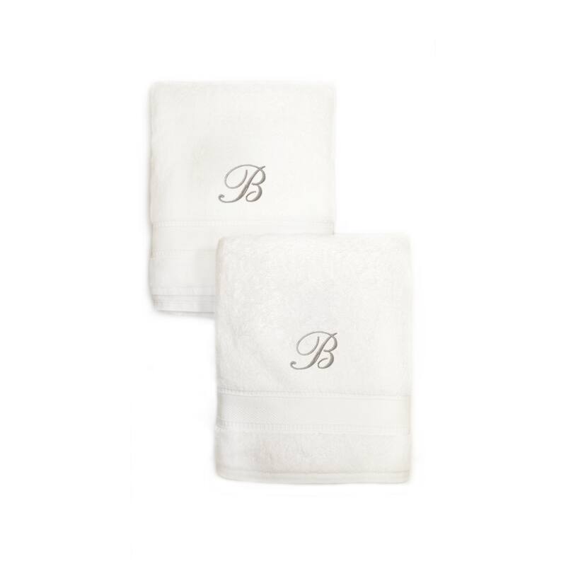 Authentic Hotel and Spa 2-piece White Turkish Cotton Hand Towels with Silver Script Monogrammed Initial - White - B