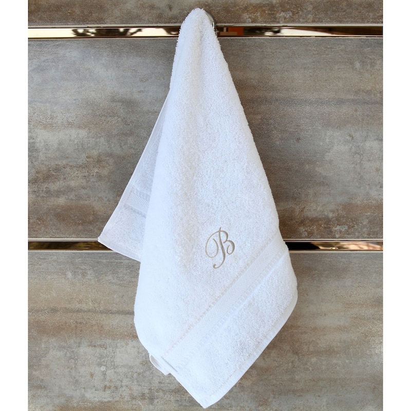 Authentic Hotel and Spa 2-piece White Turkish Cotton Hand Towels with Silver Script Monogrammed Initial