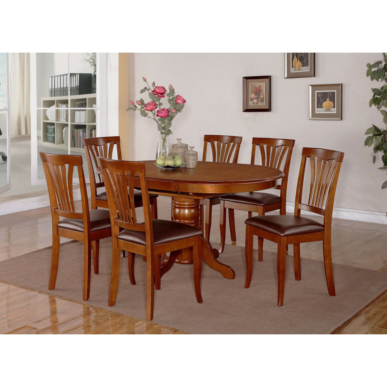 7-piece Oval Dining Room Table with Leaf and 6 Dining Chairs Brown Faux