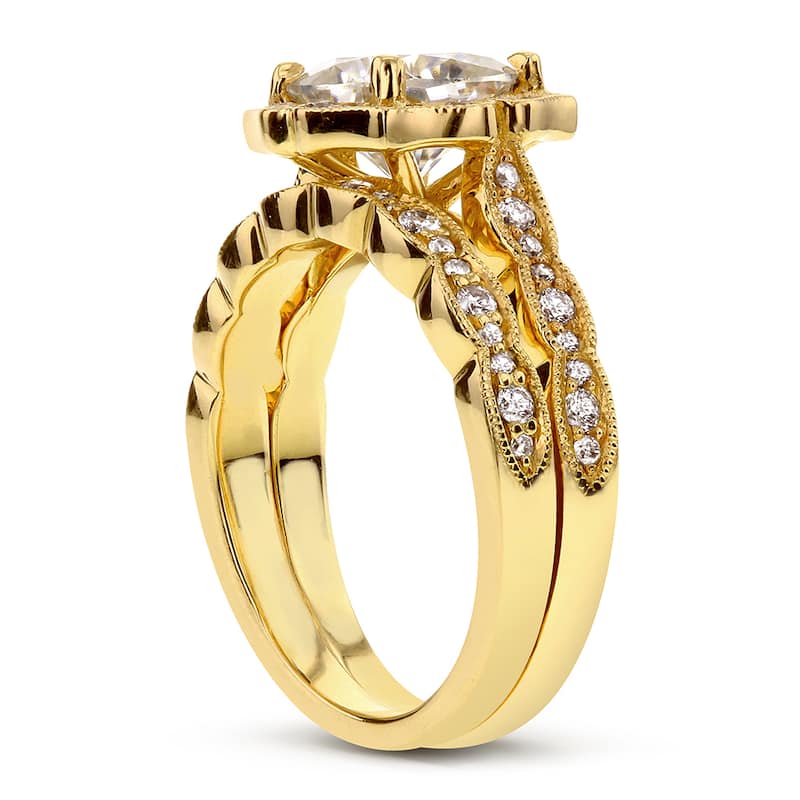 Annello by Kobelli 14k Yellow Gold 2 1/6ct TGW Cushion-cut Moissanite and Diamond Floral Antique Bridal Set