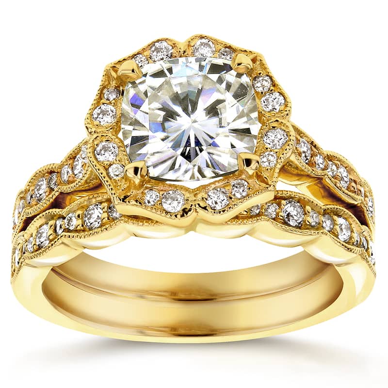 Annello by Kobelli 14k Yellow Gold 2 1/6ct TGW Cushion-cut Moissanite and Diamond Floral Antique Bridal Set - 4