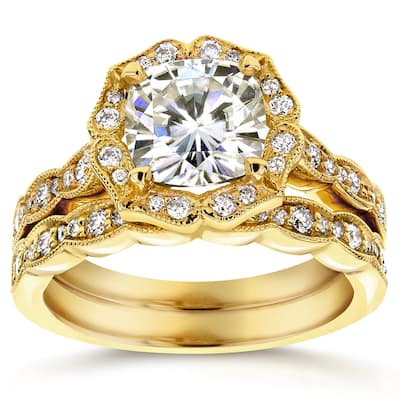 Annello by Kobelli 14k Yellow Gold 2 1/6ct TGW Cushion-cut Moissanite and Diamond Floral Antique Bridal Set
