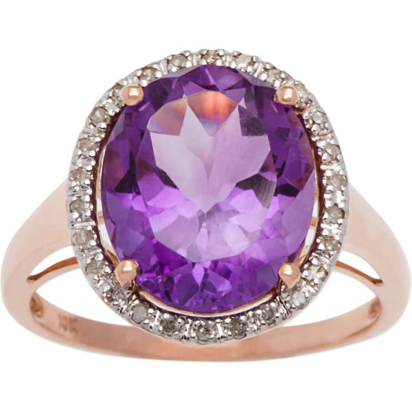 Viducci 10k Gold Oval Amethyst and 1/6ct TDW Diamond Halo Ring (G H