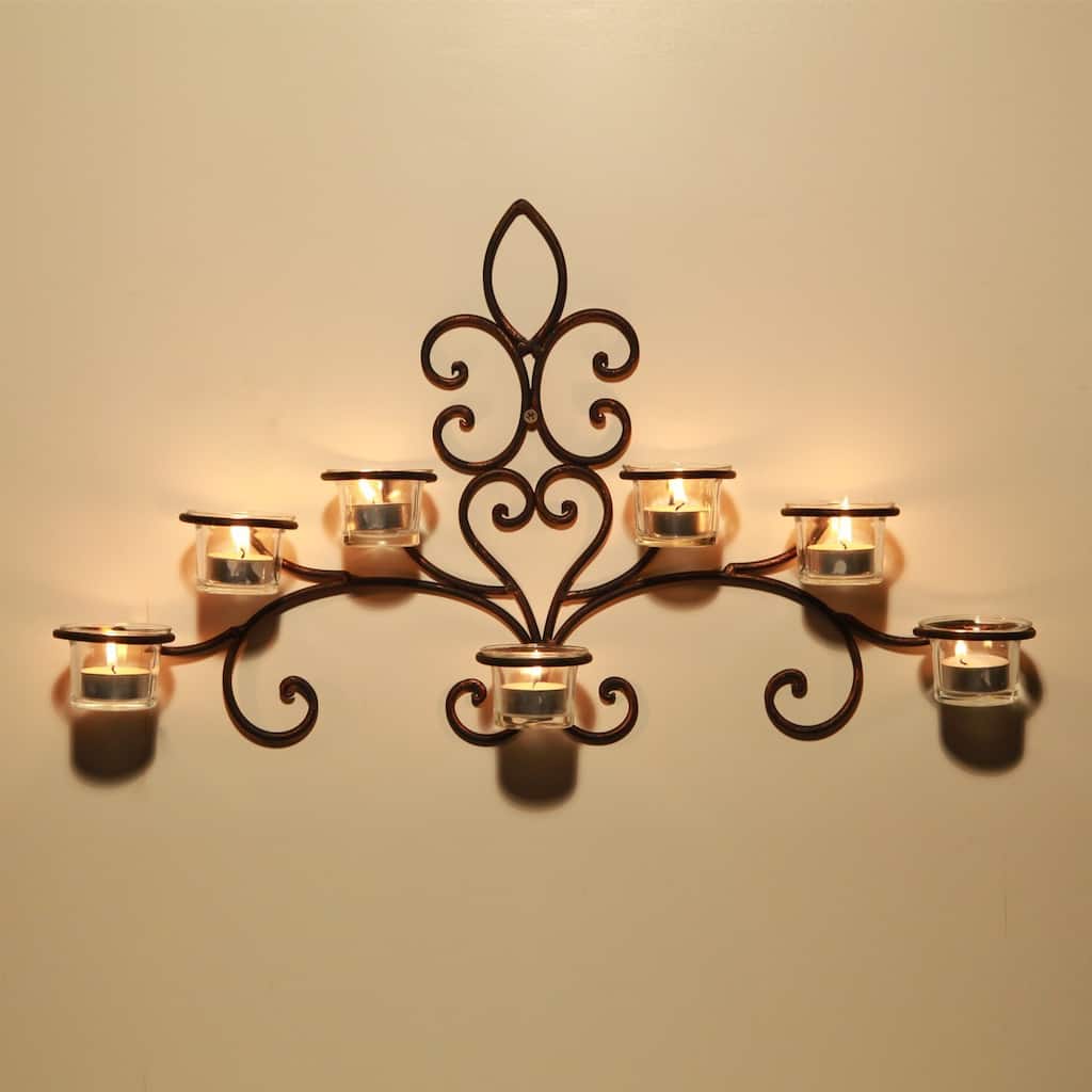 Adeco Iron and Glass Horizontal Wall-hanging 7-light Scrolled Candle Holder Sconce