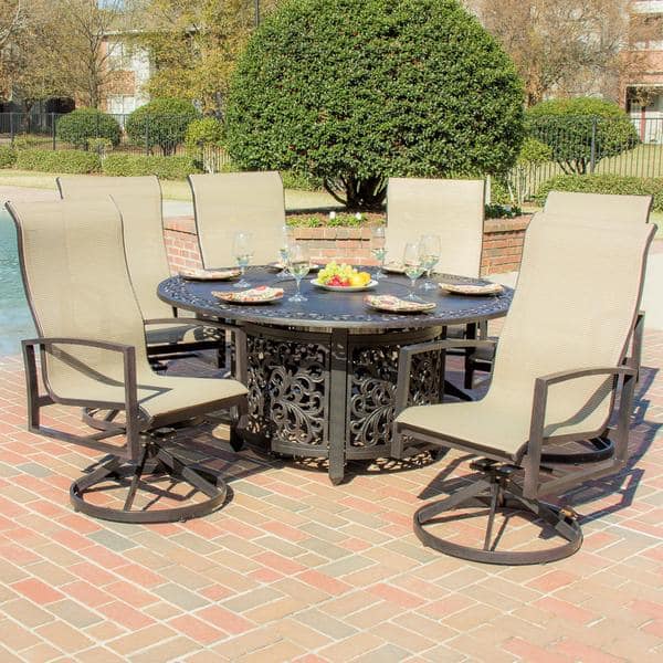 Acadia 6 Person Sling Patio Dining Set With Fire Pit Table Acadia 6 Person Sling Patio Dining Set