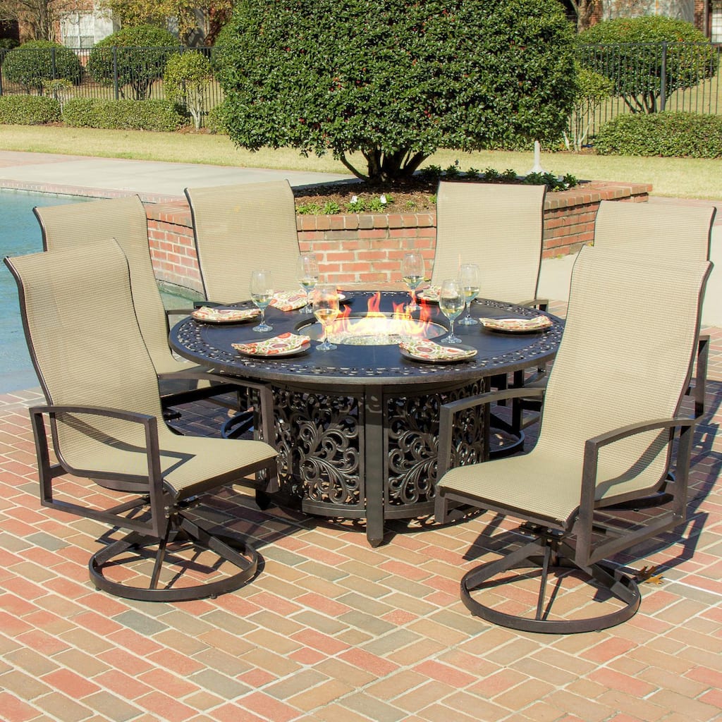 Acadia 6-person Sling Patio Dining Set with Fire Pit Table