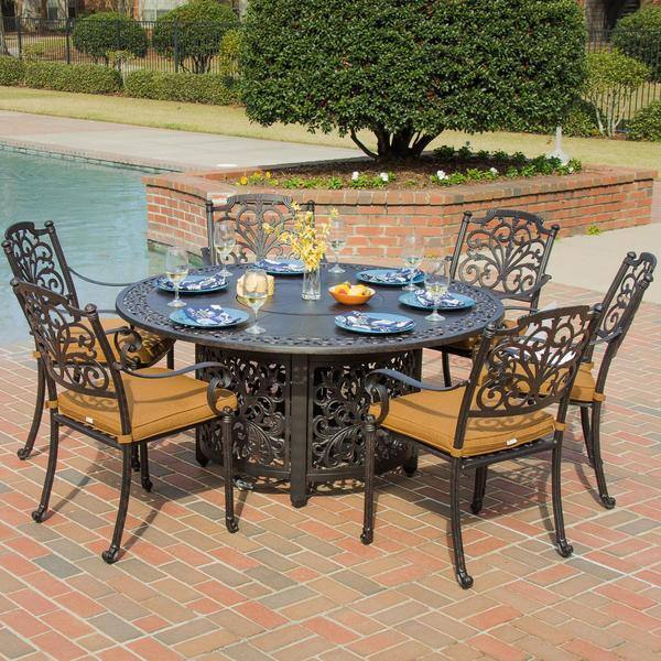 Evangeline Cast Aluminum 6-person Patio Dining Set With Fire Pit Table 