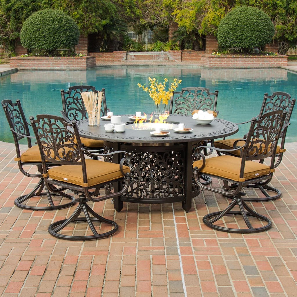 Evangeline 6-person Cast Aluminum Patio Dining Set with Fire Pit Table