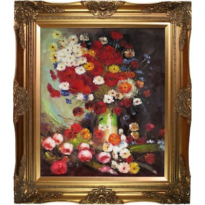 La Pastiche Vincent Van Gogh 'Vase with Poppies Cornflowers Peonies and Chrysanthemums' Hand Painted Framed Canvas Art