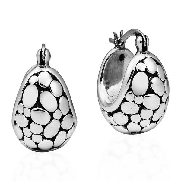 Handmade Chubby Oval Stone 925 Sterling Silver Basket Hoop Handmade Chubby Oval Stone 925 Sterling Silver Basket Hoop Earrings Thailand