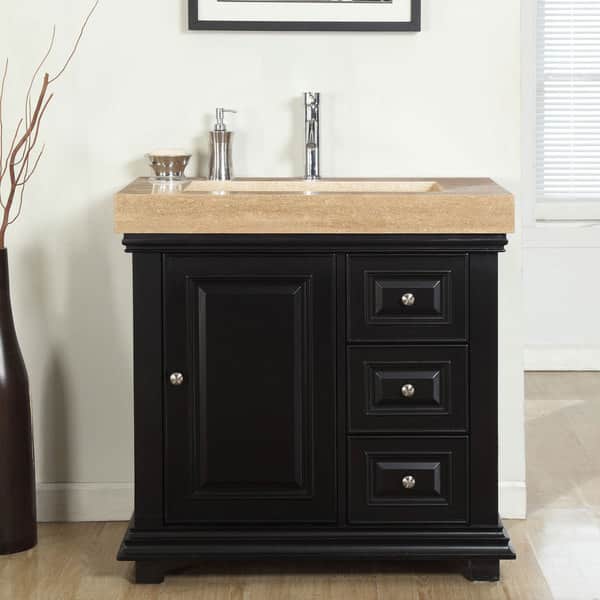 Silkroad Exclusive 36 Inch Integrated Travertine Sink Bathroom Single Vanity With Drain On The