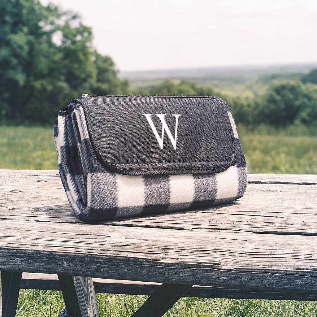 Personalized Black & White Plaid Tailgate Picnic Blanket