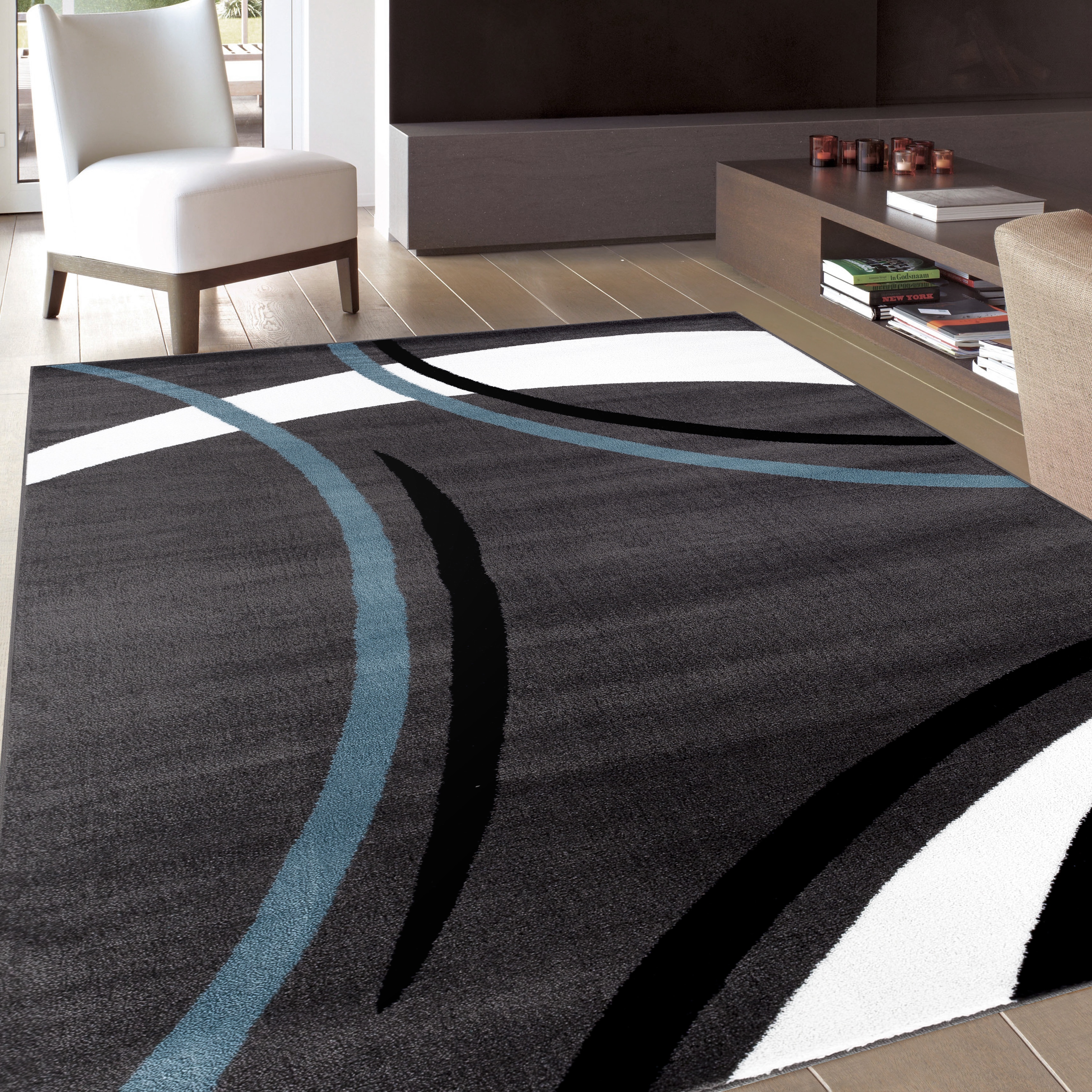 Contemporary Modern Wavy Circles Blue Area Rug (710 x 102