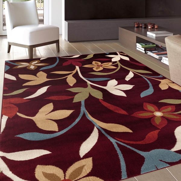 Modern Contemporary Leaves Design Burgundy Area Rug (2' x 3') - 2' x 3'