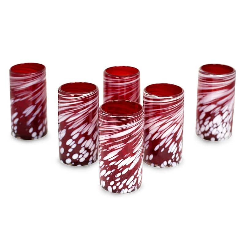 NOVICA Artisan Handblown Tumblers Red Mexican Glasses Recycled Modern Drinkware 'Festive Red'(Set of 6)