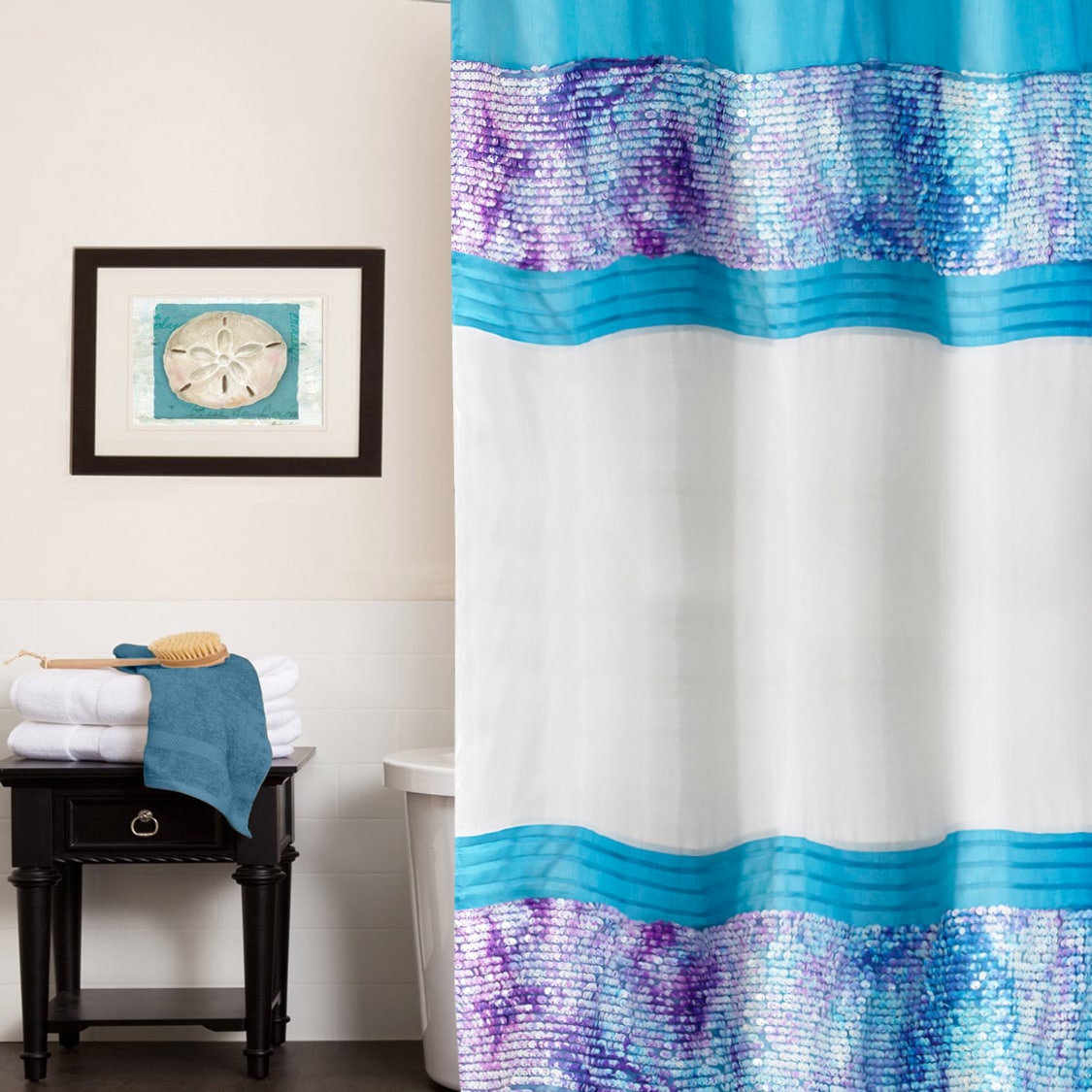 N Shimmering Aqua Seashell Shower Curtain and Hooks Set or Separates