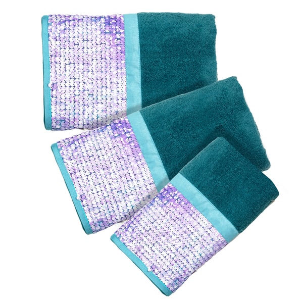 slide 1 of 1, Shimmering Aqua Seashell Bath Accessory Collection in 7 Options Blue 3 Piece Towel Set - Blue Finish