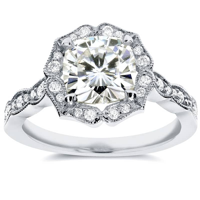 Annello by Kobelli 14k White Gold 2ct TGW Cushion-cut Moissanite and Diamond Floral Antique Engagement Ring