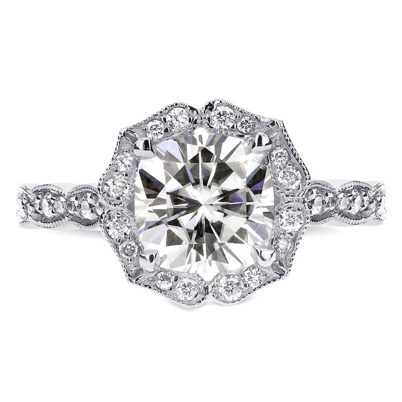 Annello by Kobelli 14k White Gold 2ct TGW Cushion-cut Moissanite and Diamond Floral Antique Engagement Ring