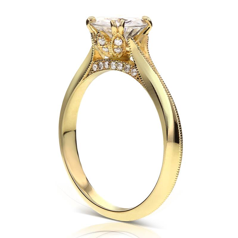 Annello by Kobelli 14k Yellow Gold 1 1/10ct TGW Moissanite and Diamond Floral Vintage V-shaped Band Engagement Ring