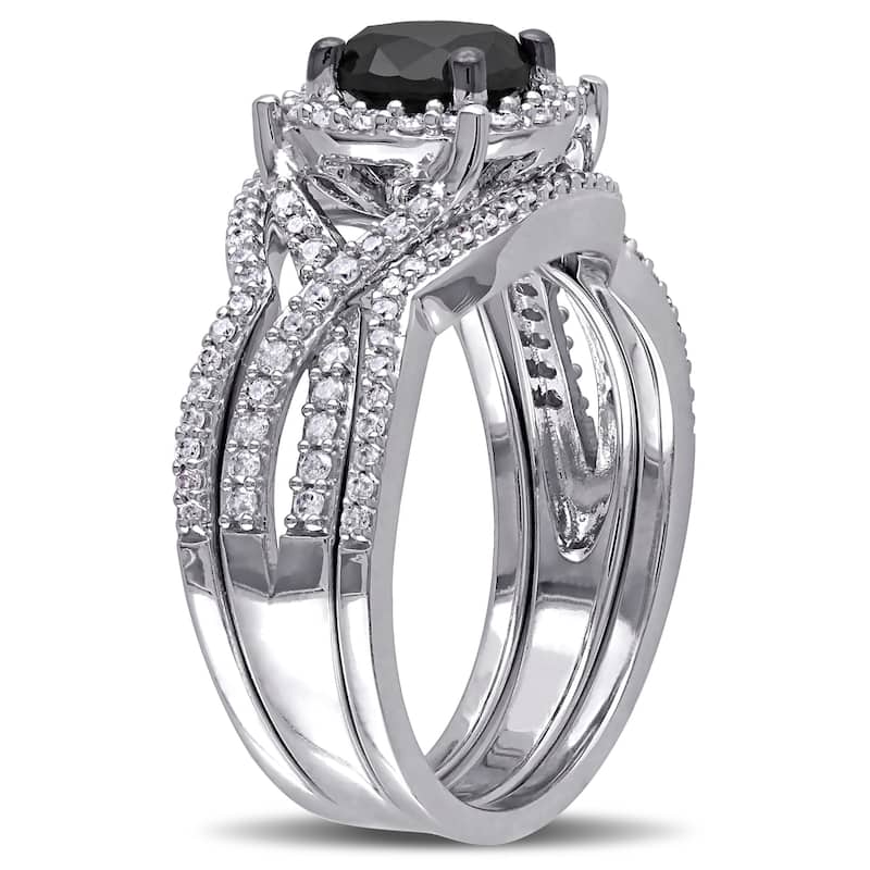 Miadora Signature Collection 10k White Gold 1 1/2ct TDW Black and White Diamond 3-piece Halo Bridal Ring Set (G-H, I2-I3)