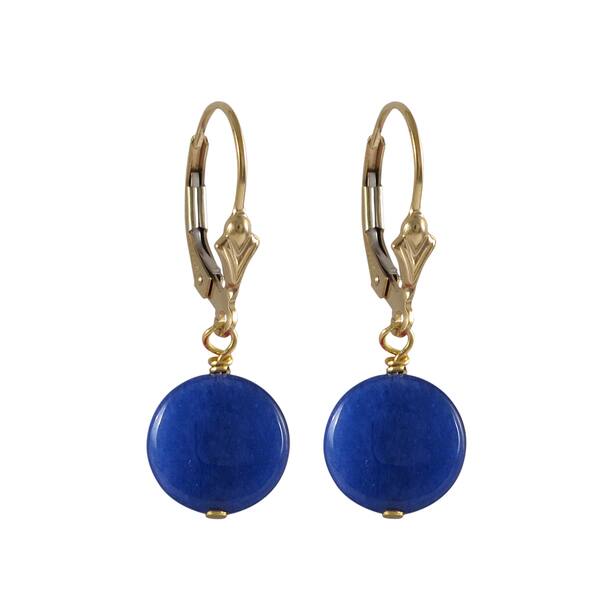 slide 2 of 3, Luxiro Gold Filled Jade Gemstone Disc Dangle Earrings Blue - Blue
