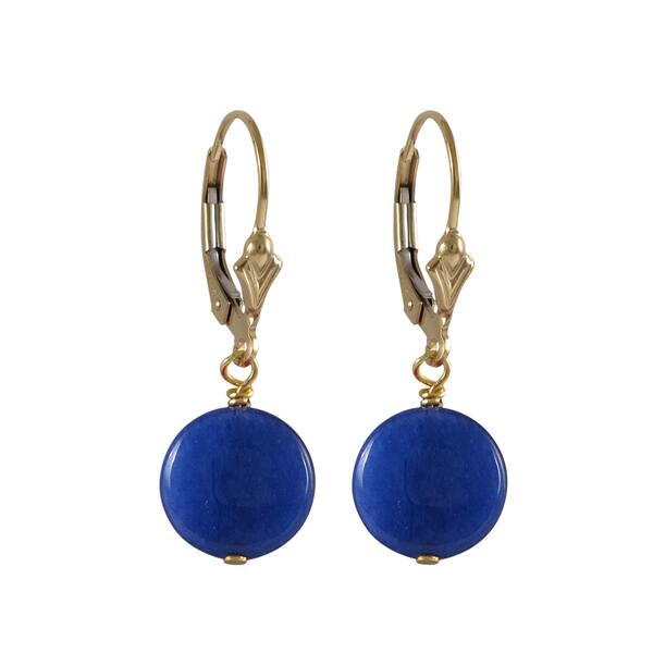 slide 2 of 3, Luxiro Gold Filled Jade Gemstone Disc Dangle Earrings Blue - Blue