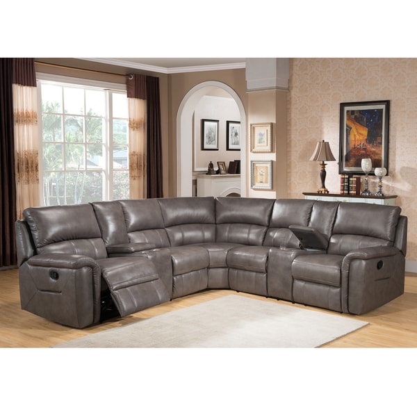 Shop Cortez Premium Top Grain Gray Leather Reclining Sectional Sofa On Sale Free Shipping